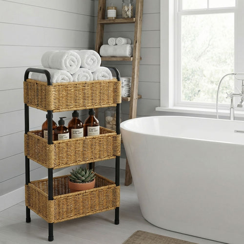 Multi-Tier Woven Bathroom Organizer Basket Bowlift