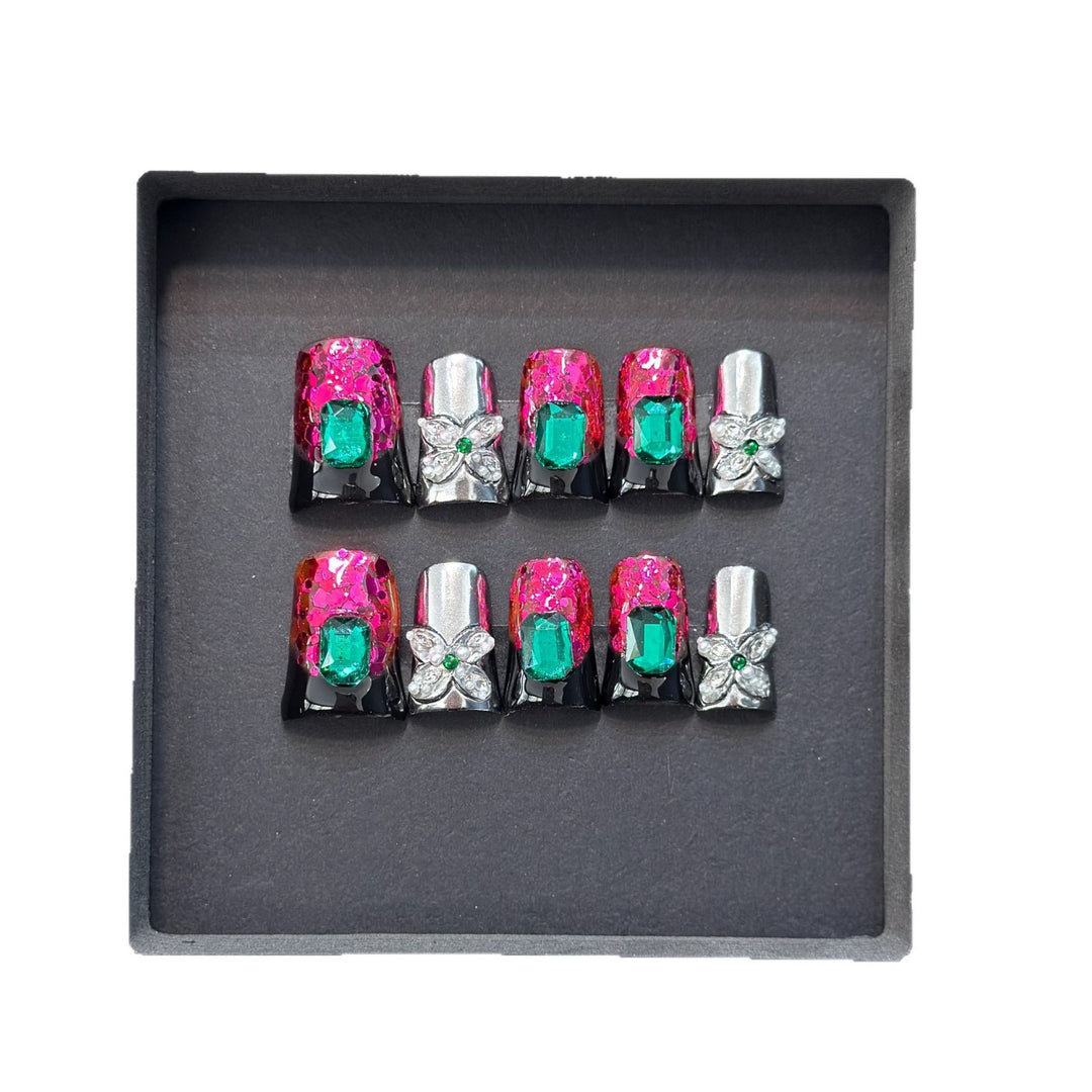 Glamorous Press-On Nail Design with Jewel Accents Bowlift