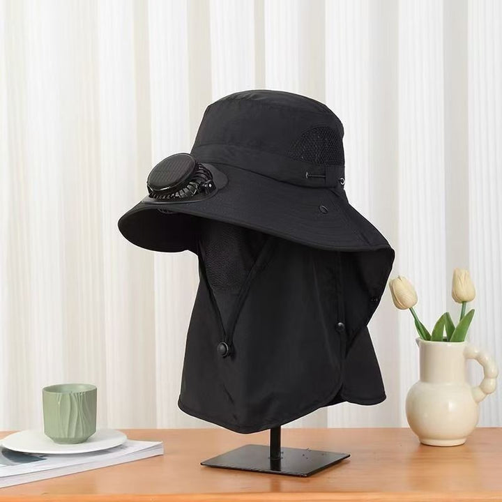 UV-Protect-Sun Hat with removable face and neck protection, integrated solar fan and breathable mesh Bowlift