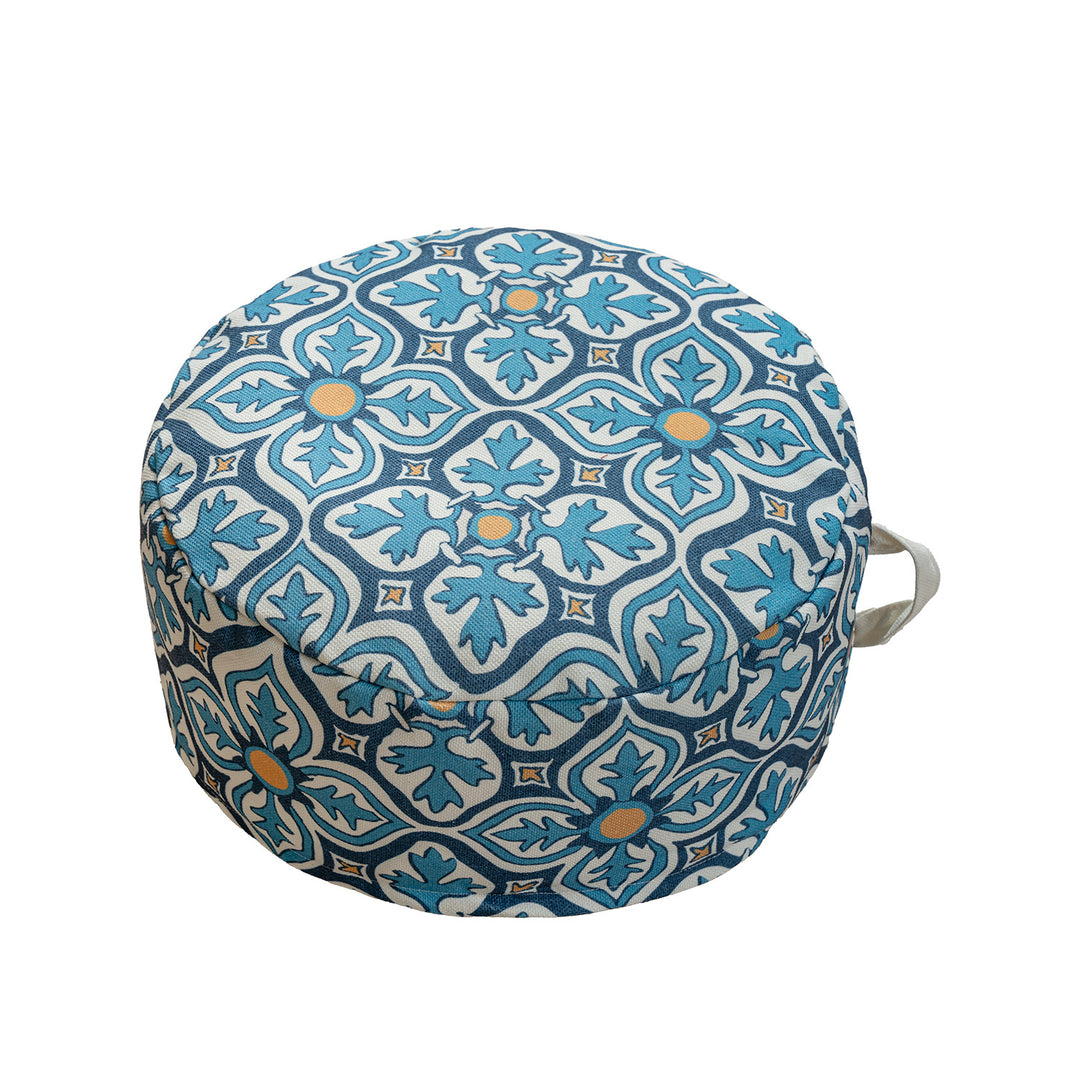 Round seat pouf with woven jacquard structure and practical carrying handle Bowlift