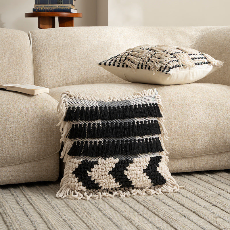 Boho cushion cover with macrame, tassels and relief texture Bowlift