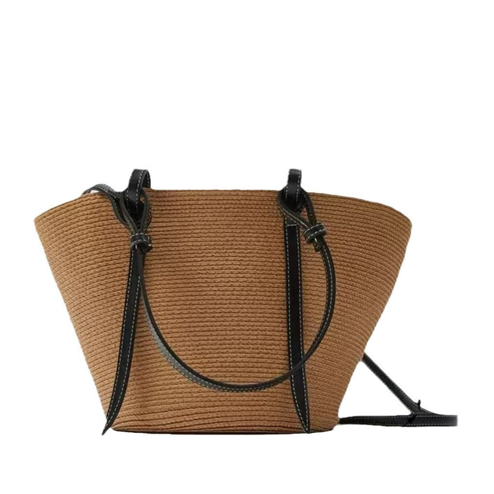 Elegant Beach Bag Made of Woven Natural Material with Leather Accents Bowlift