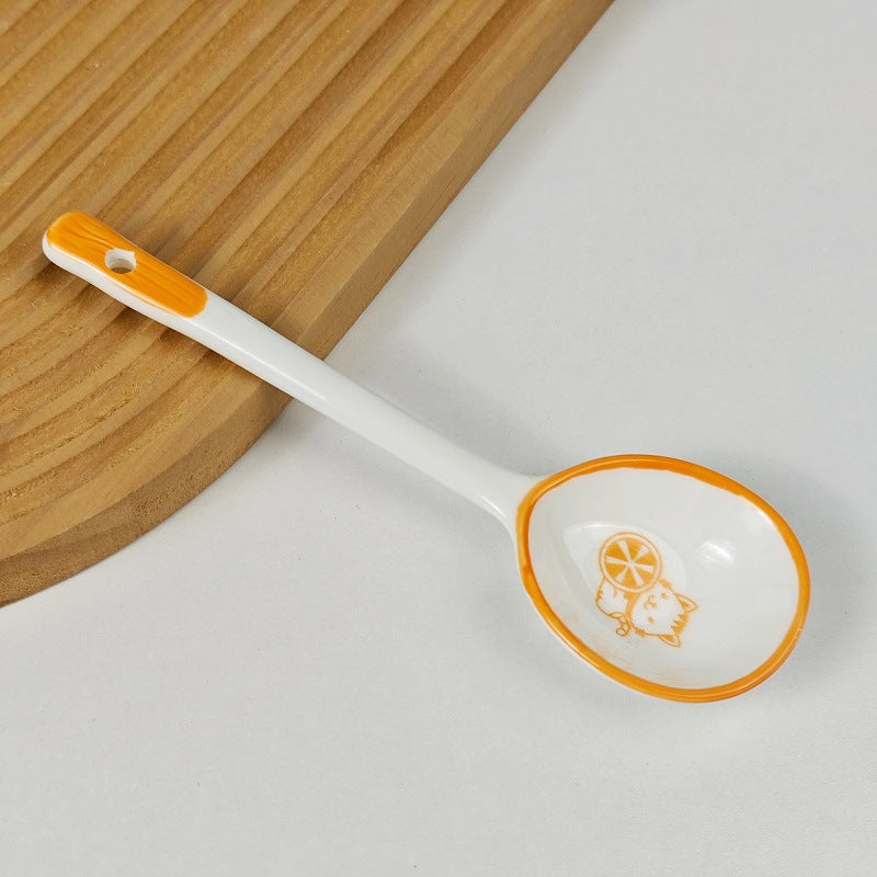 Ceramic soup spoon with lucky cat illustration and ergonomic long-handle Bowlift