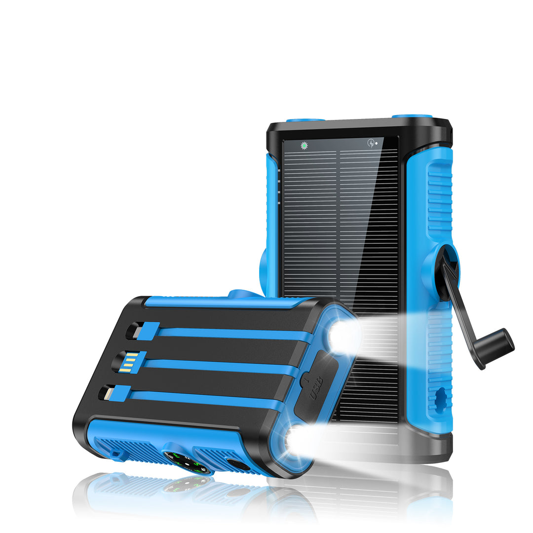 Portable solar battery with integrated hand crank charger Bowlift