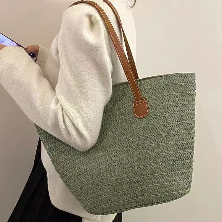 Elegant and Spacious Straw Bag with Leather Handles Bowlift