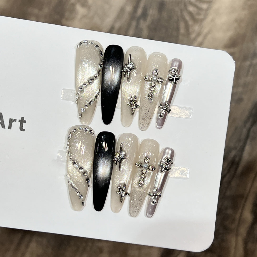 Decorative Stiletto Press-On Nail Set with Starry Accents Bowlift