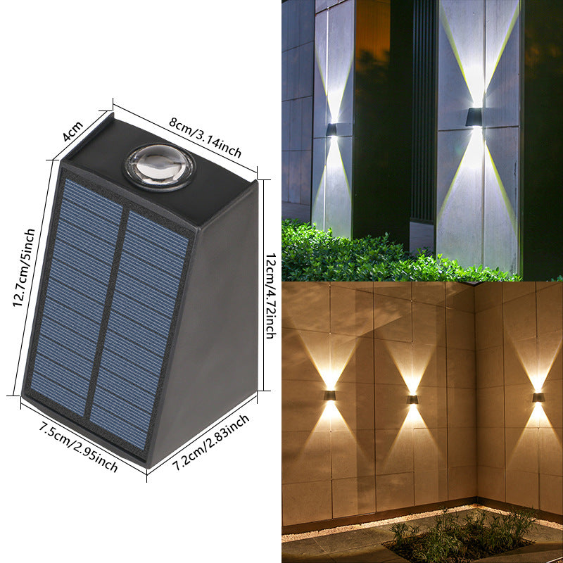 Angled Bi-Directional Solar LED Wall Uplight-Downlight With Integrated Photovoltaic Panel And Prism Lens Bowlift