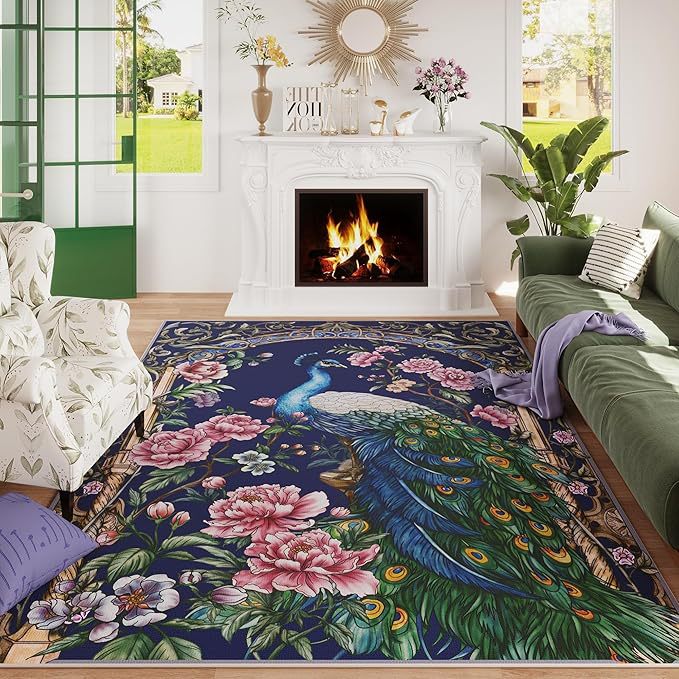 Ornamental Peacock Design Area Rug Bowlift
