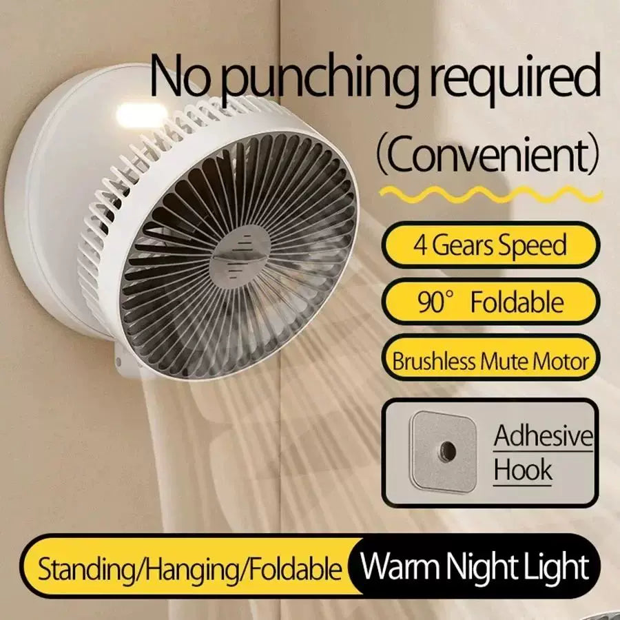 Unisex one size compact folding rechargeable USB Type C desk fan with adjustable tilt angle and integrated LED night light Bowlift