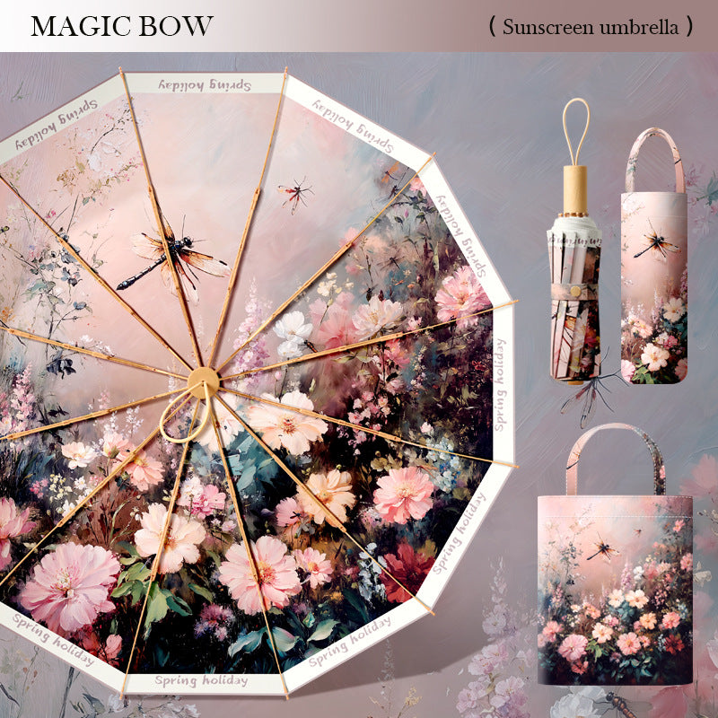 Ladies Premium Folding Umbrella with Floral Design and Protective Carrying Case Bowlift