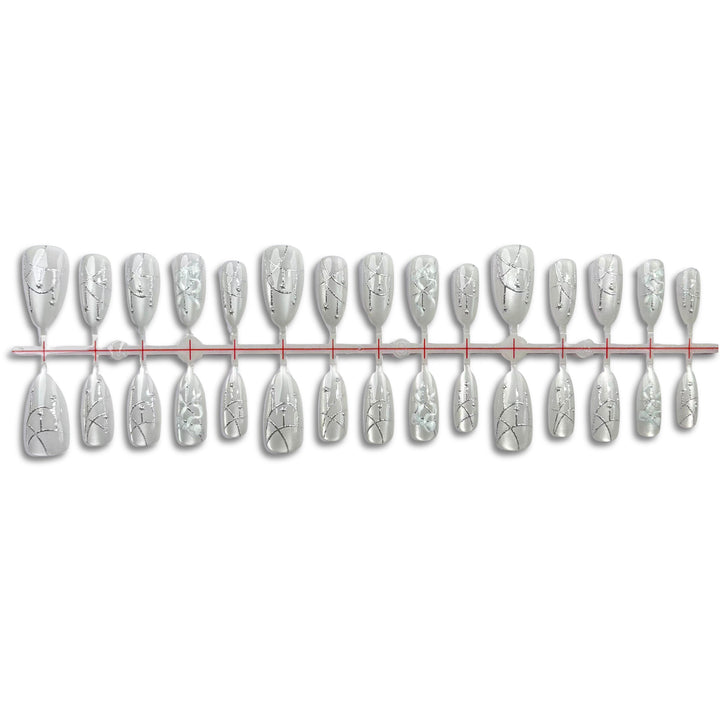 Decorative Press-On Nail Set with Elegant Silver Design