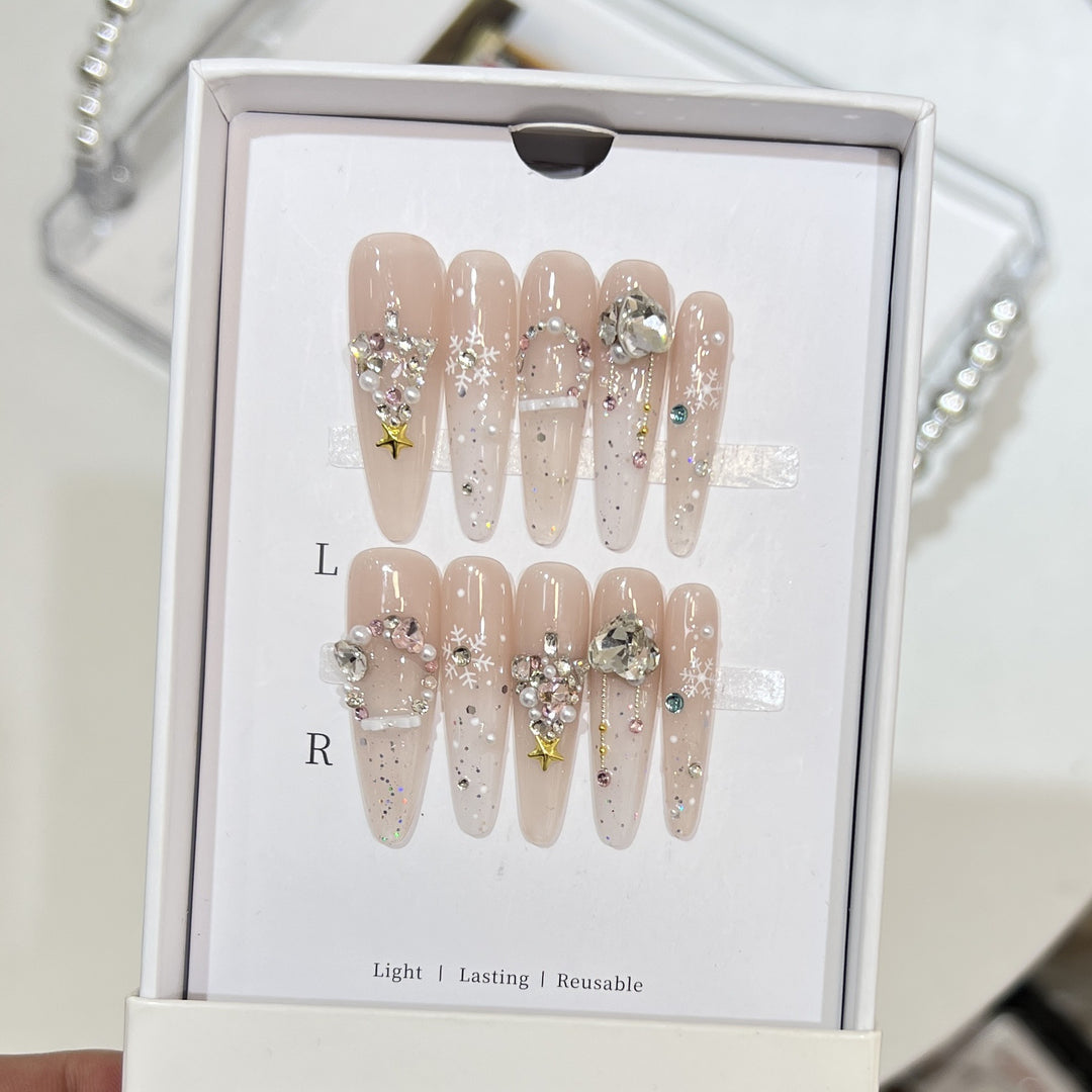 Snowflake-Inspired Glitter Press-On Nail Set Bowlift