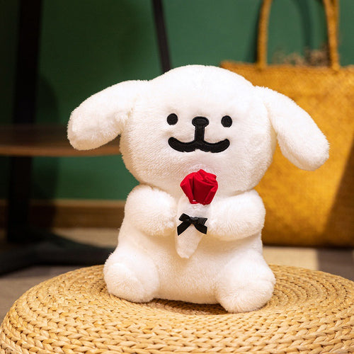 Plush Dog Holding Fabric Rose Decorative Soft Toy with Embroidered Face and Bow Bowlift