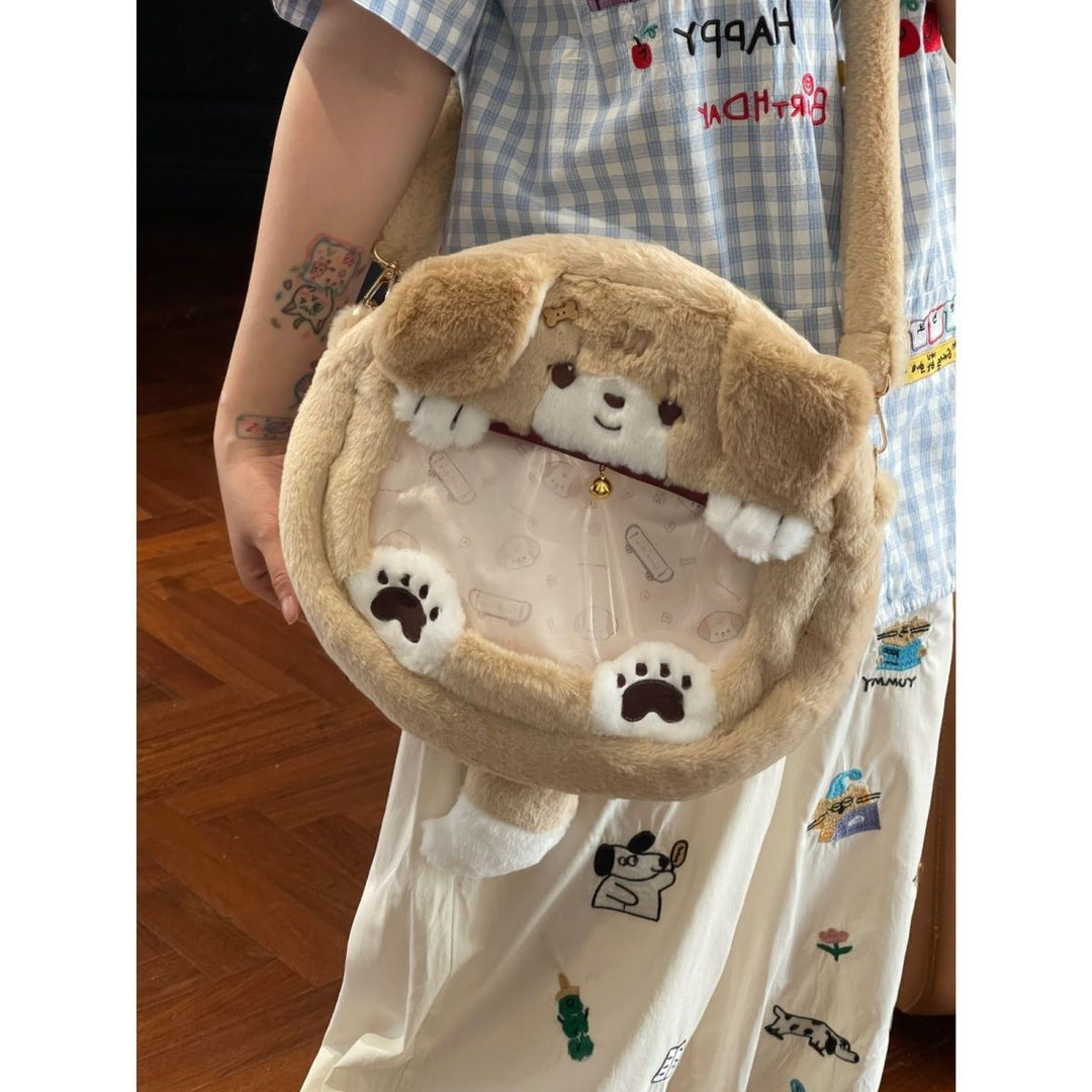 Plush Shoulder Bag with Dog Motif Bowlift