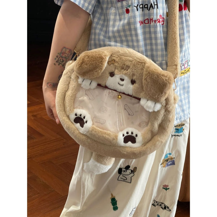 Plush Shoulder Bag with Dog Motif Bowlift