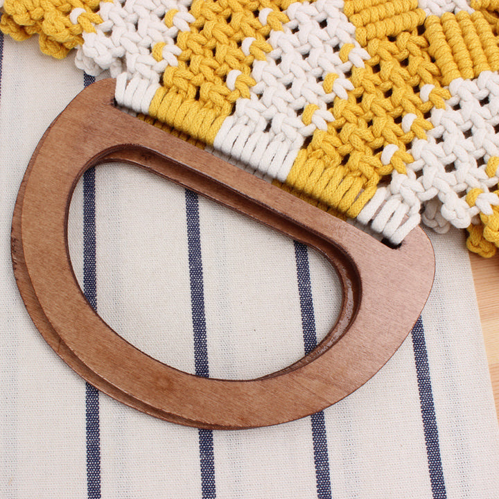 Macrame Tote Bag with Wooden Handles and Floral Details Bowlift