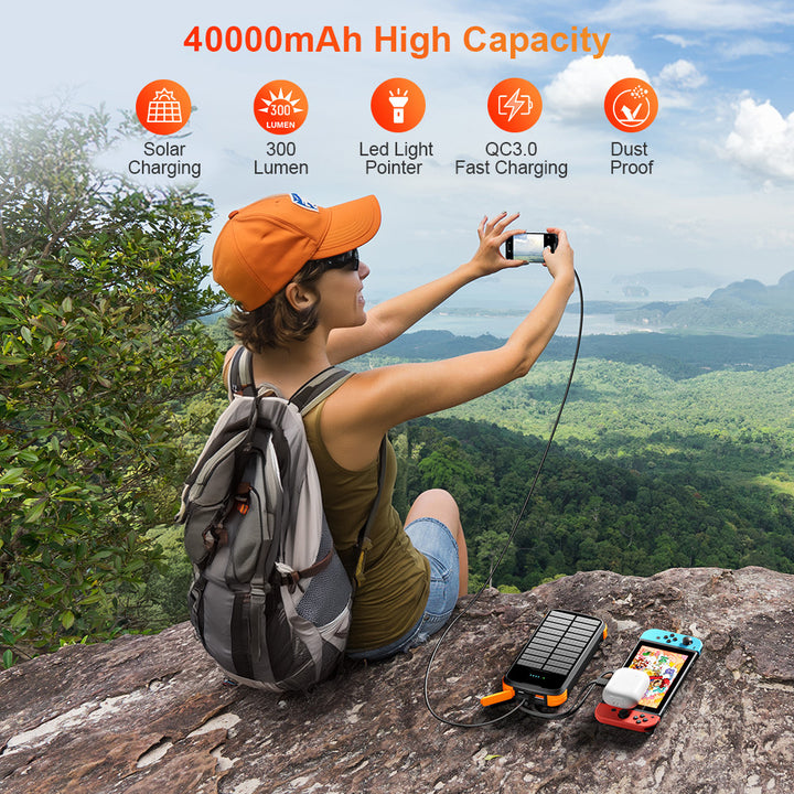 Rugged portable solar power bank with integrated LED flashlight and multi-tip charging cable Bowlift