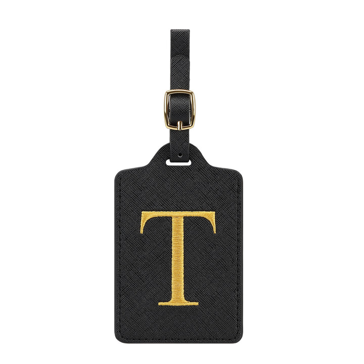 embroidered initial monogram leather luggage tag with adjustable buckle strap Bowlift
