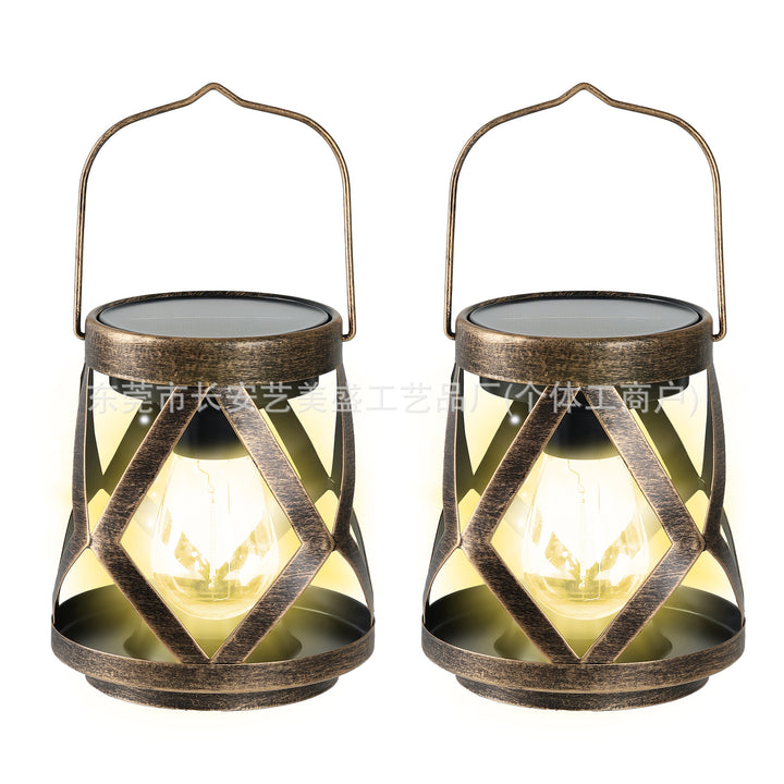 Portable Antique-Style Solar LED Lantern Pair With Built-In Solar Panel Hanging Handle And Weatherproof Metal Lattice Frame Bowlift