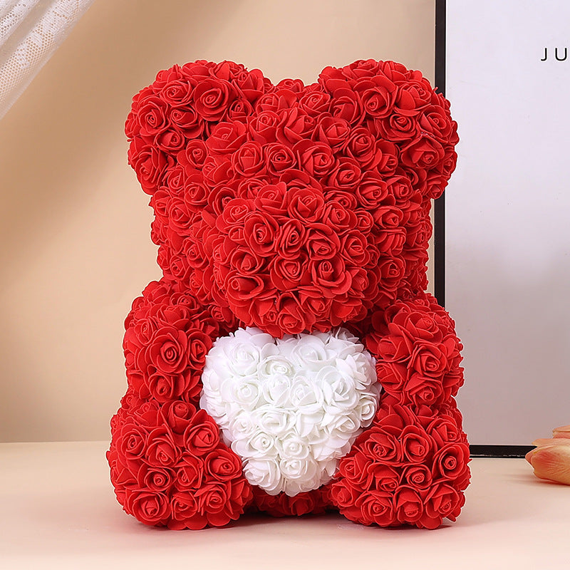 Foam Rose Teddy Bear Gift Sculpture With Satin Ribbon Bow