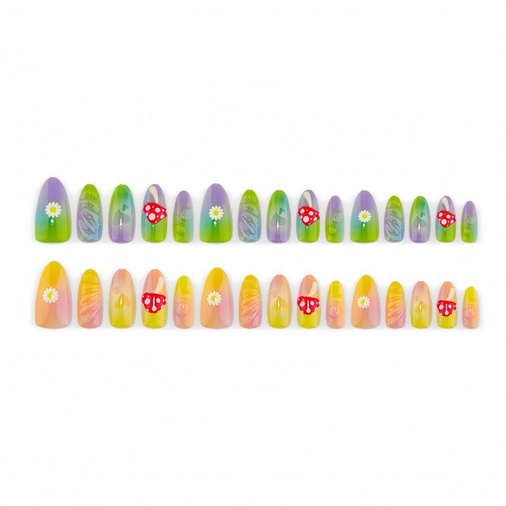 Artificial nails with cheerful flower and mushroom patterns Bowlift