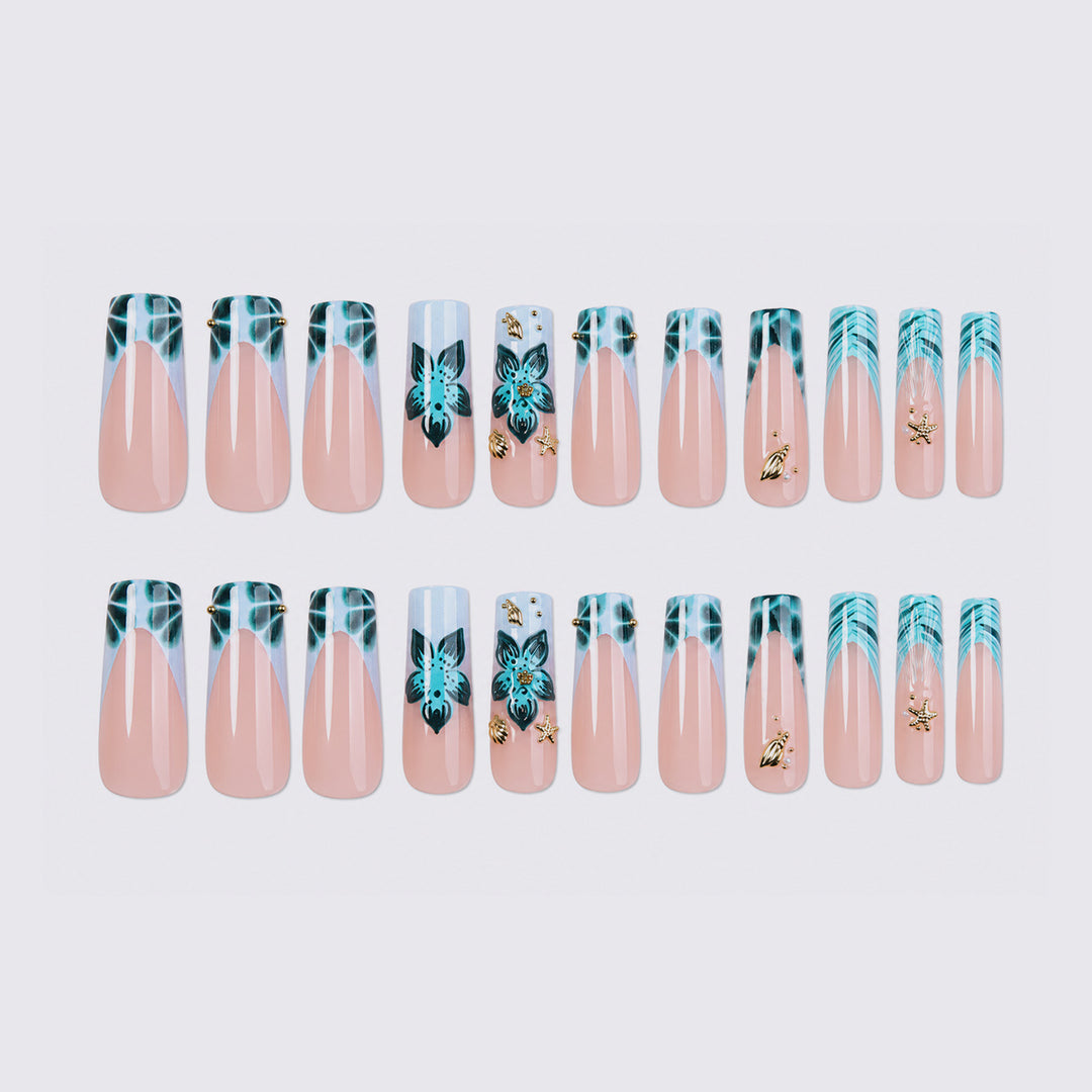 Artistic Acrylic Press-On Nail Set with Floral and Gold Elements Bowlift
