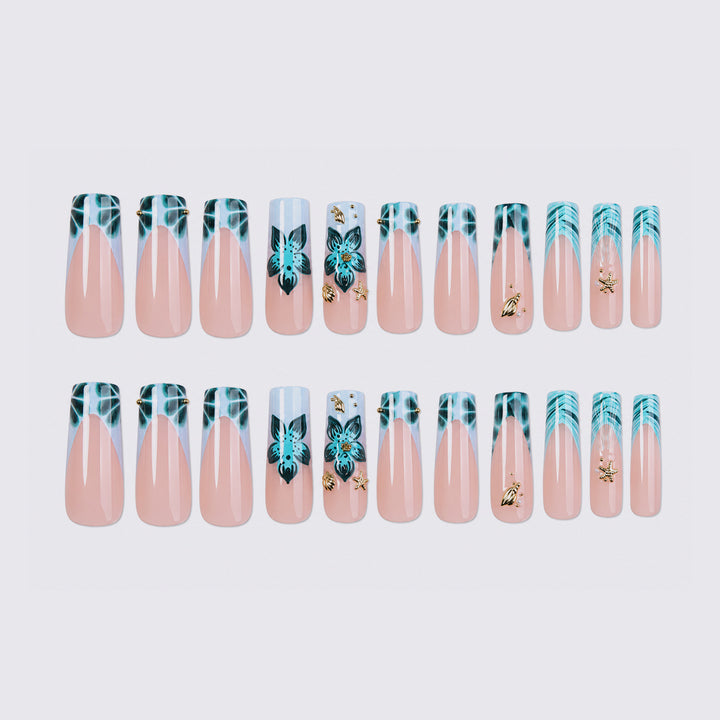 Artistic Acrylic Press-On Nail Set with Floral and Gold Elements Bowlift