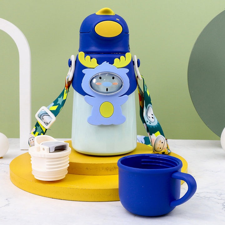 Women's water bottle with friendly animal design and carrying strap Bowlift