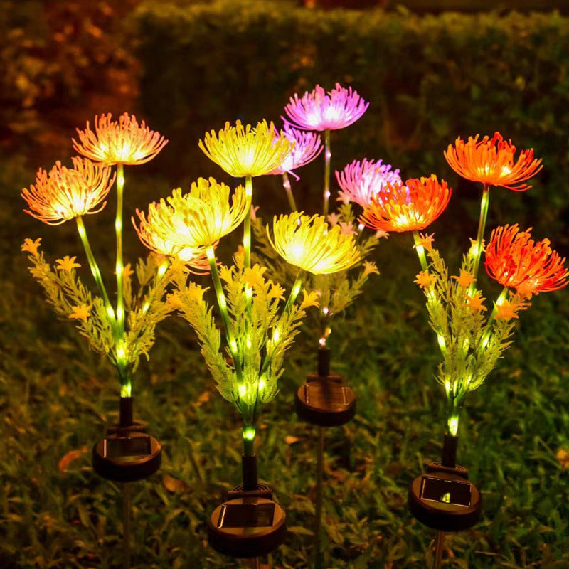 Solar LED Chrysanthemum Garden Stake Lights With Integrated Photovoltaic Panel Flexible Stem And Dusk-To-Dawn Sensor Bowlift