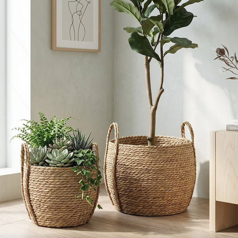Handwoven Seagrass Storage Basket with Waterproof Liner and Braided Handles Bowlift
