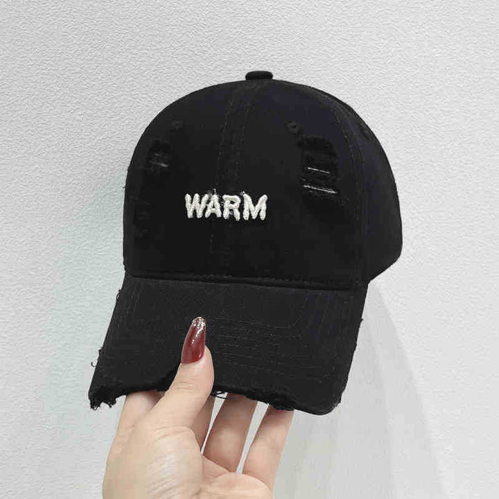 Women's Distressed Cotton Cap with Embroidered Message Bowlift
