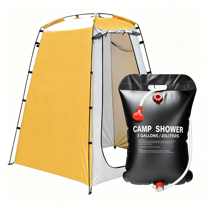 Portable camping shower privacy tent with five gallon solar shower bag and pop up foldable pole system Bowlift