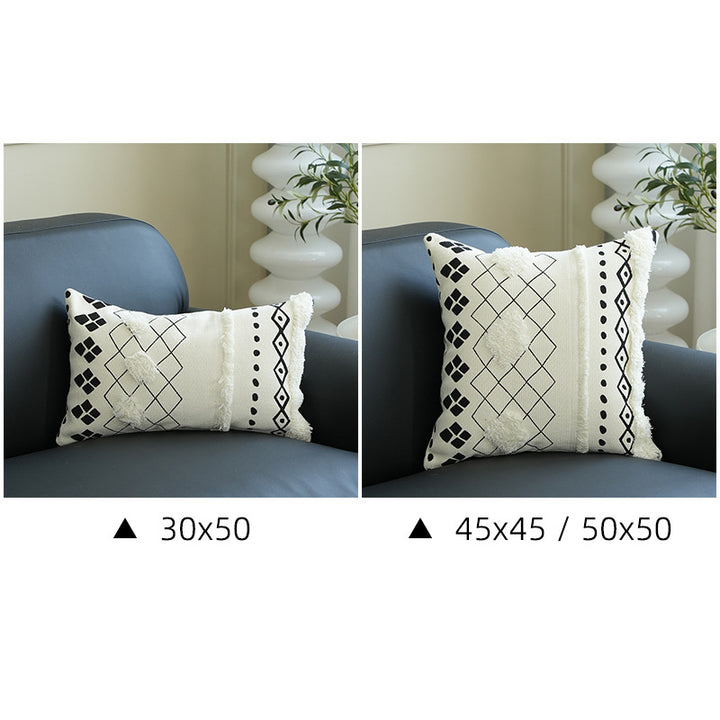 Rectangular Woven Lumbar Decorative Pillow with Tufted Diamonds and Tassels