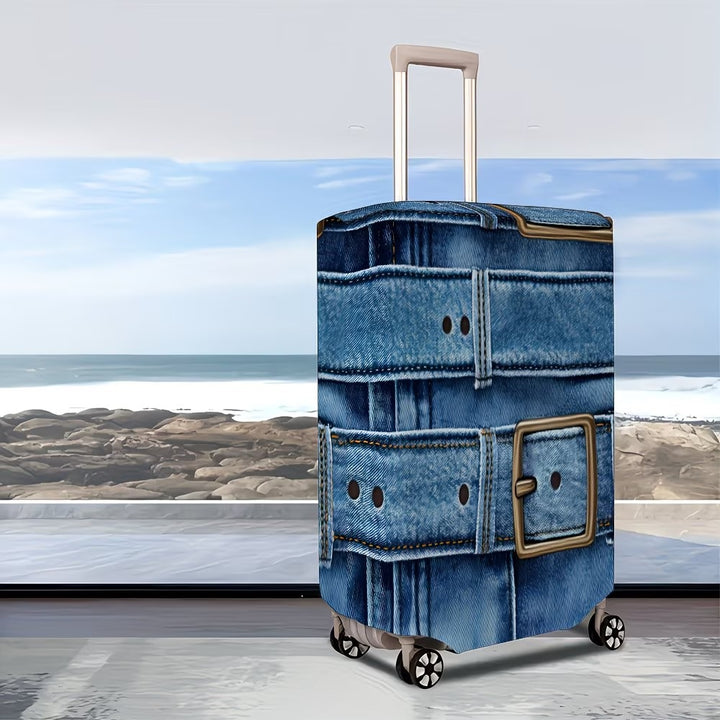 Unisex stylish suitcase cover with denim belt motif, elastic protective cover for rolling suitcase Bowlift