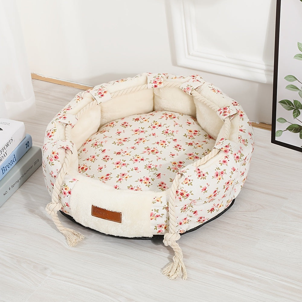 Floral Print Plush Dog Bed
