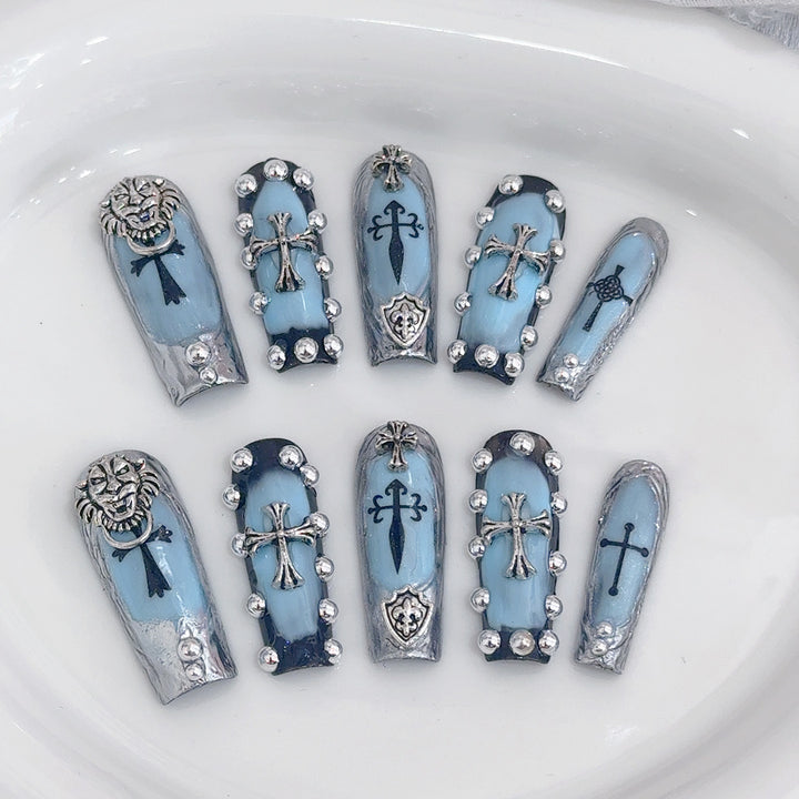 Decorative 3D Press-On Nail Set with Gothic Elements