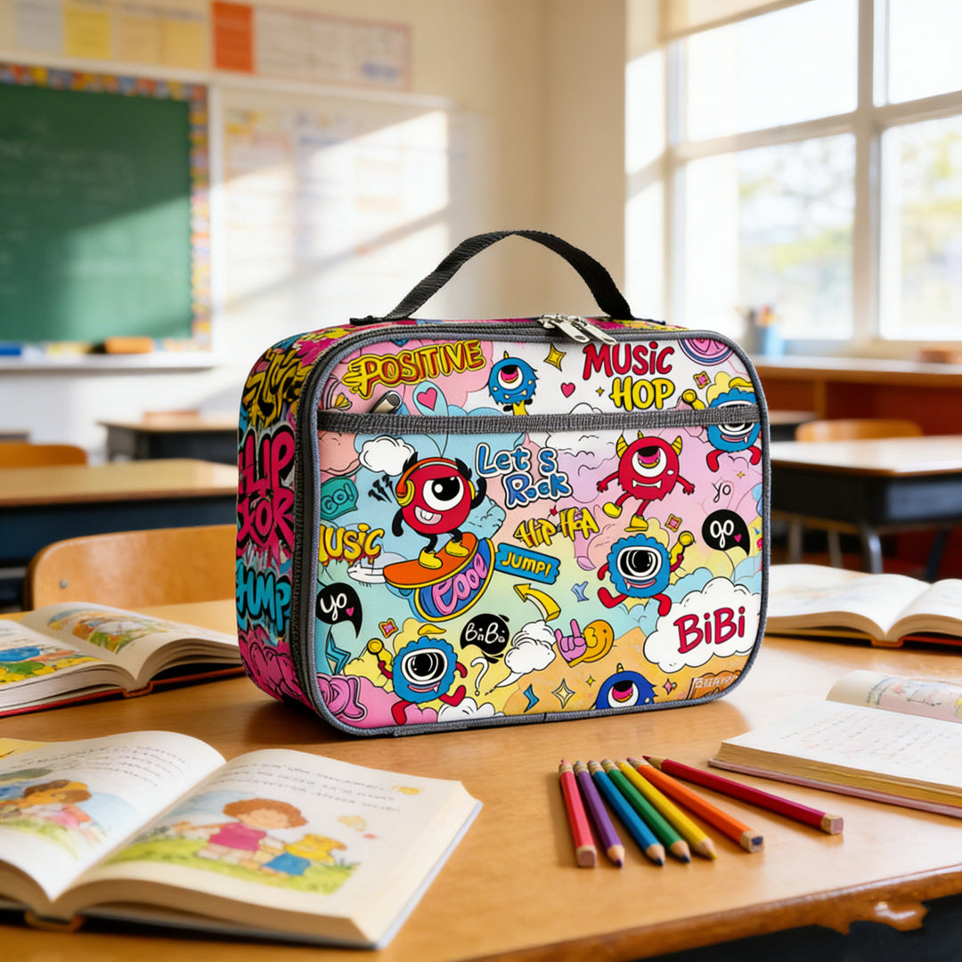 Insulated children's dinosaur lunch case with thermal lining and carry handle Bowlift