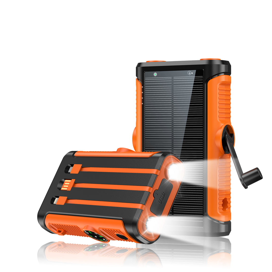 Portable solar battery with integrated hand crank charger Bowlift