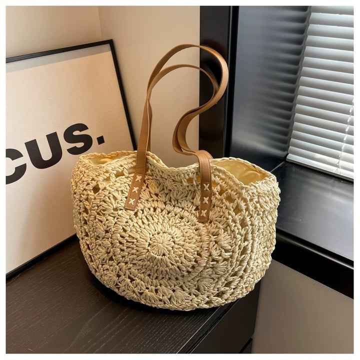 Round-woven beach bag with leather handles Bowlift