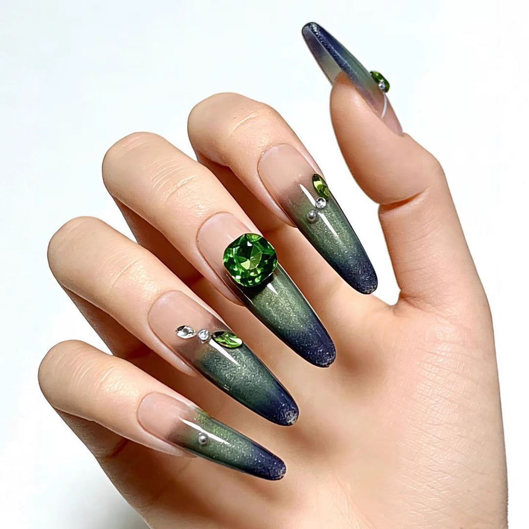 Artificial nails with elegant ombre design and rhinestone applications Bowlift
