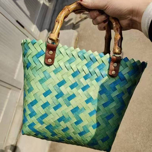 Woven Material Handbag with Wooden Handles Bowlift