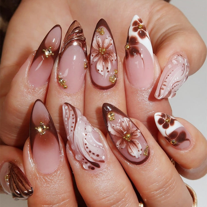 Art nail set with luxurious floral 3D decorations Bowlift