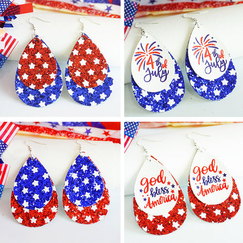 Women's patriotic drop earrings made of faux leather with glitter stars and the inscription Bowlift