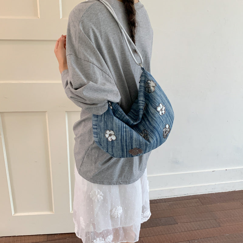 Floral Embellished Denim Handbag Bowlift