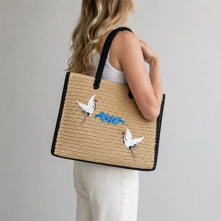 Elegant Bast Tote Bag with Artistic Embroidery Design Bowlift