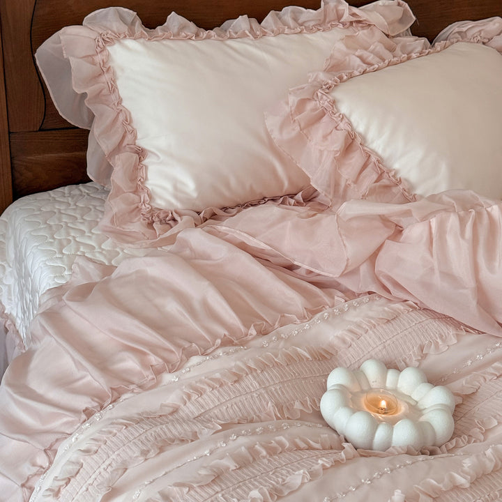 Romantic bedding complete set with ruffled bedspread, ruffle bed skirt, and decorative pillow
