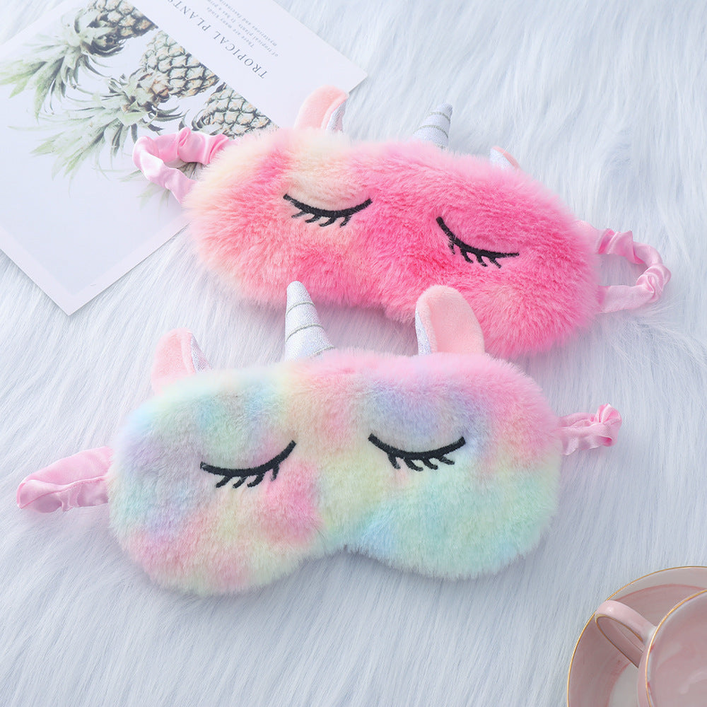 Women's plush-filled unicorn sleep mask with 3D horn, embroidered eyelashes and adjustable satin band Bowlift
