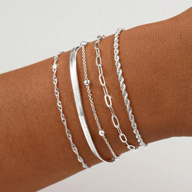 Layered Silver Chain Bracelet Set Bowlift