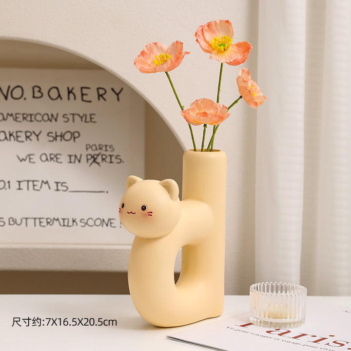 Ceramic Sculptural Cat Letter H Bud Vase With Tubular Mouth Minimalist Tabletop Decor