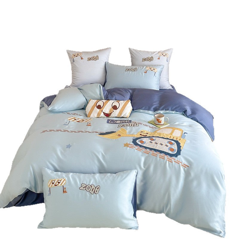 Children's bedding set with embroidered digger and construction site application made of fine cotton satin Bowlift